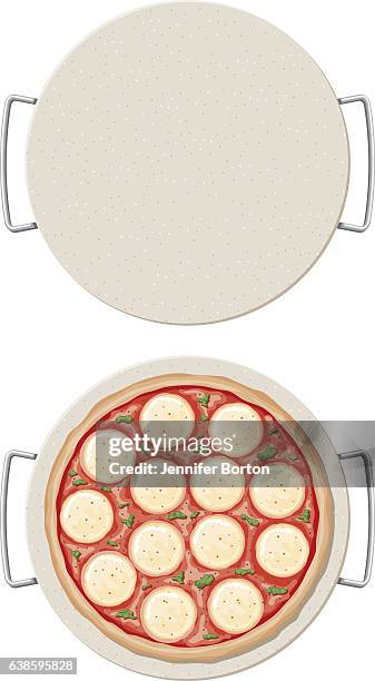 margharita pizza on a ceramic pizza stone, overhead view - basil white background stock illustrations