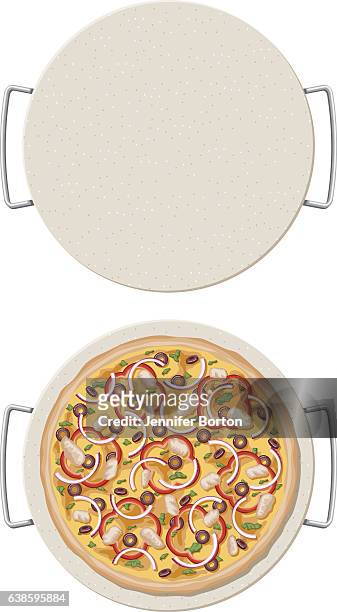 bbq chicken pizza on a ceramic pizza stone, overhead view - black olive stock illustrations
