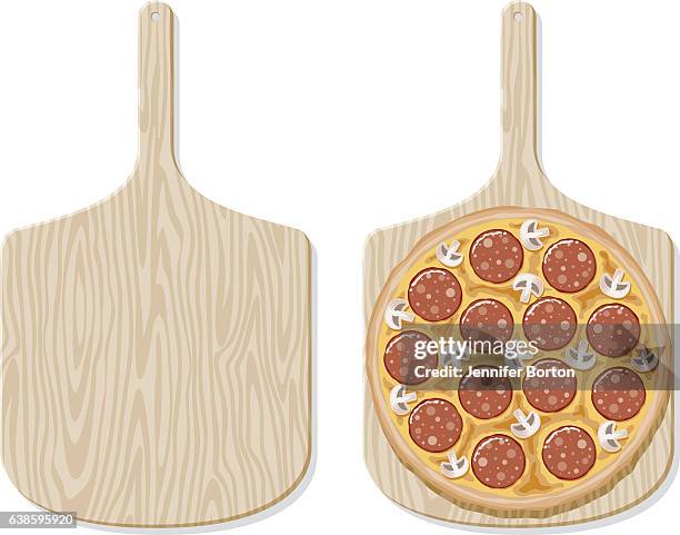 ilustrações de stock, clip art, desenhos animados e ícones de pepperoni mushroom pizza on a traditional wooden paddle, overhead view - pá de pizza