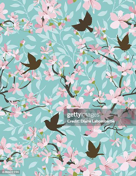 cherry blossoms and sparrows seamless pattern - seamless floral pattern purple stock illustrations