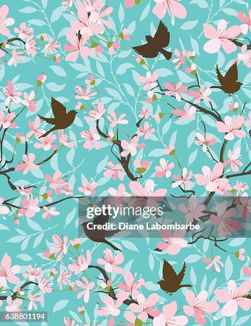 Cherry Blossoms And Sparrows Seamless Pattern Cherry Blossoms And Sparrows Seamless Pattern