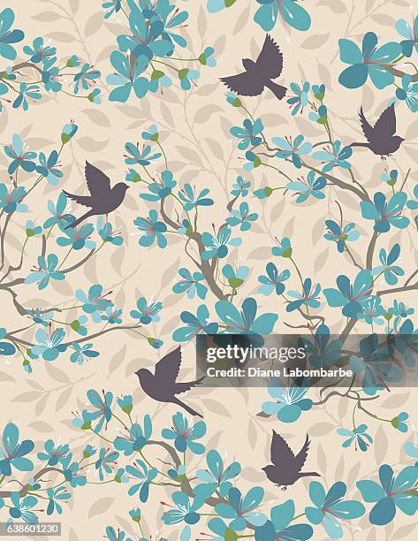 cherry blossoms and sparrows seamless pattern - bird pattern stock illustrations