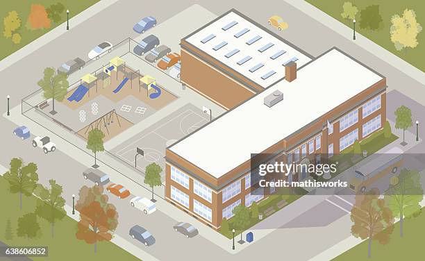 ilustraciones, imágenes clip art, dibujos animados e iconos de stock de ilustración del edificio de la escuela primaria - isometric school