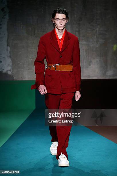 Model walks the runway at the Marni designed by Consuelo Castiglione show during Milan Men's Fashion Week Fall/Winter 2017/18 on January 14, 2017 in...