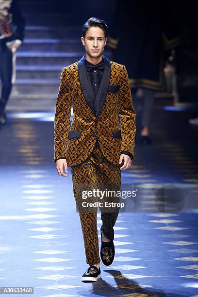 Celebrity Juan Pablo Zurita walks the runway at the Dolce & Gabbana show during Milan Men's Fashion Week Fall/Winter 2017/18 on January 14, 2017 in...