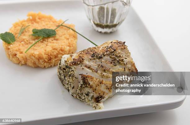 za'atar-wu-zayt codfish and turmeric basmati rice. - origanum stock pictures, royalty-free photos & images