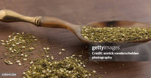 za'atar in spoon. - calamintha stock pictures, royalty-free photos & images