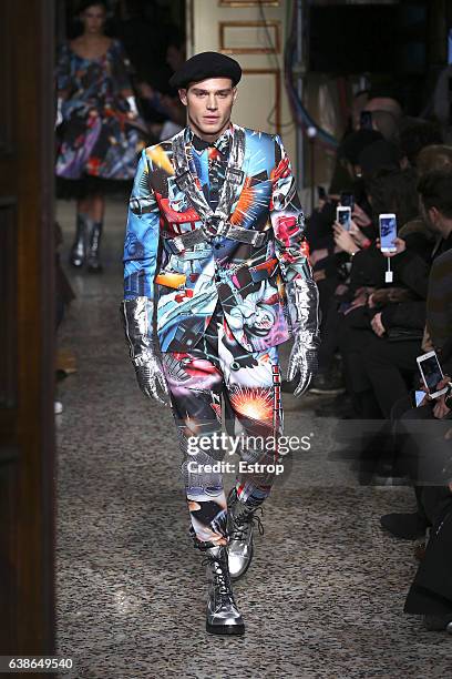 Matthew Noszka walks the runway at the Moschino designed by Jeremy Scott show during Milan Men's Fashion Week Fall/Winter 2017/18 on January 14, 2017...