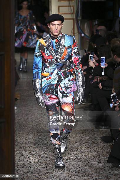 Matthew Noszka walks the runway at the Moschino designed by Jeremy Scott show during Milan Men's Fashion Week Fall/Winter 2017/18 on January 14, 2017...