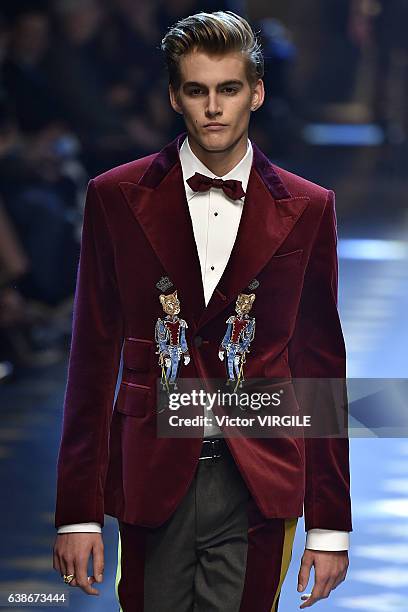 Presley Gerber walks the runway at the Dolce & Gabbana show during Milan Men's Fashion Week Fall/Winter 2017/18 on January 14, 2017 in Milan, Italy.