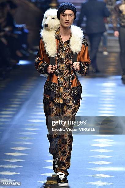 Cheng Cong walks the runway at the Dolce & Gabbana show during Milan Men's Fashion Week Fall/Winter 2017/18 on January 14, 2017 in Milan, Italy.