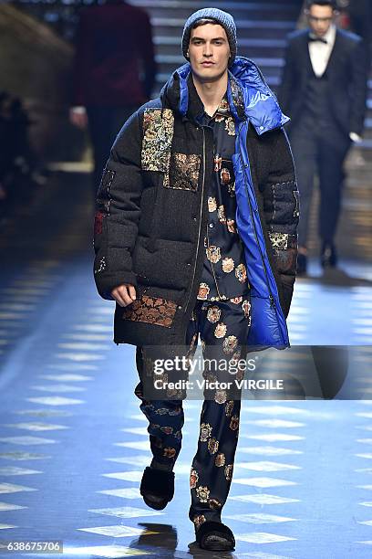 Model walks the runway at the Dolce & Gabbana show during Milan Men's Fashion Week Fall/Winter 2017/18 on January 14, 2017 in Milan, Italy.