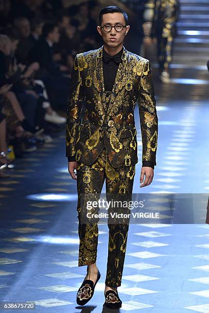 Model walks the runway at the Dolce & Gabbana show during Milan Men's Fashion Week Fall/Winter 2017/18 on January 14, 2017 in Milan, Italy.