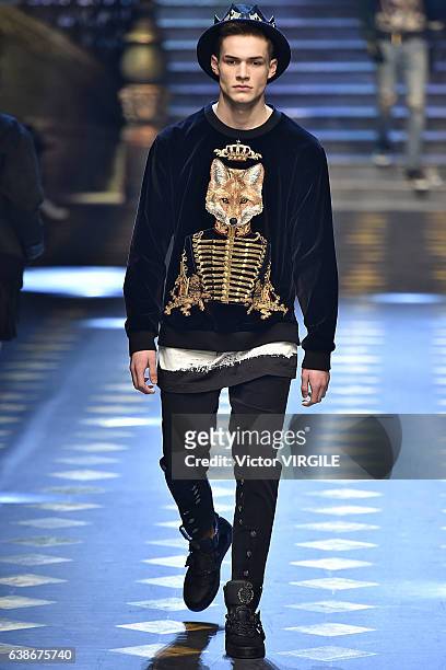 Model walks the runway at the Dolce & Gabbana show during Milan Men's Fashion Week Fall/Winter 2017/18 on January 14, 2017 in Milan, Italy.
