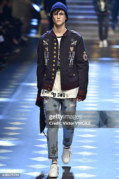 Model walks the runway at the Dolce & Gabbana show during Milan Men's Fashion Week Fall/Winter 2017/18 on January 14, 2017 in Milan, Italy.