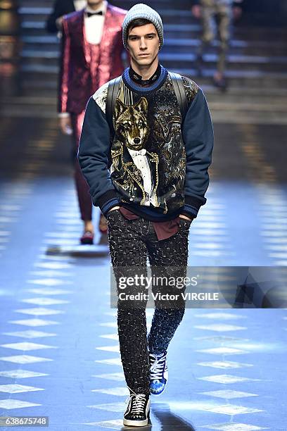 Model walks the runway at the Dolce & Gabbana show during Milan Men's Fashion Week Fall/Winter 2017/18 on January 14, 2017 in Milan, Italy.