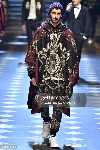 Model walks the runway at the Dolce & Gabbana show during Milan Men's Fashion Week Fall/Winter 2017/18 on January 14, 2017 in Milan, Italy.