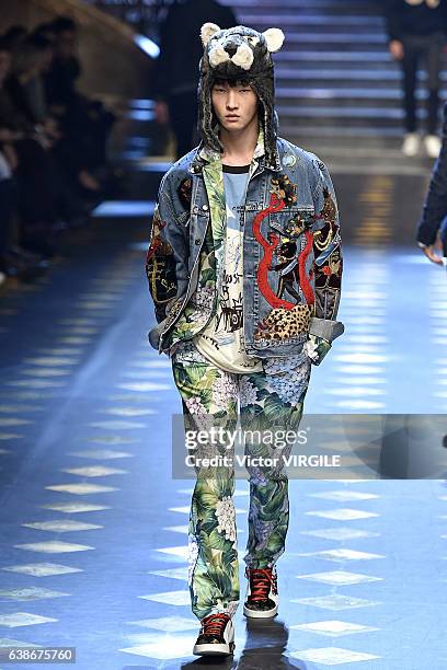 Model walks the runway at the Dolce & Gabbana show during Milan Men's Fashion Week Fall/Winter 2017/18 on January 14, 2017 in Milan, Italy.