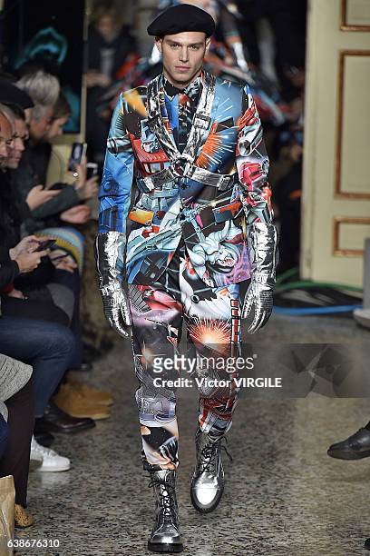 Matthew Noszka walks the runway at the Moschino designed by Jeremy Scott show during Milan Men's Fashion Week Fall/Winter 2017/18 on January 14, 2017...