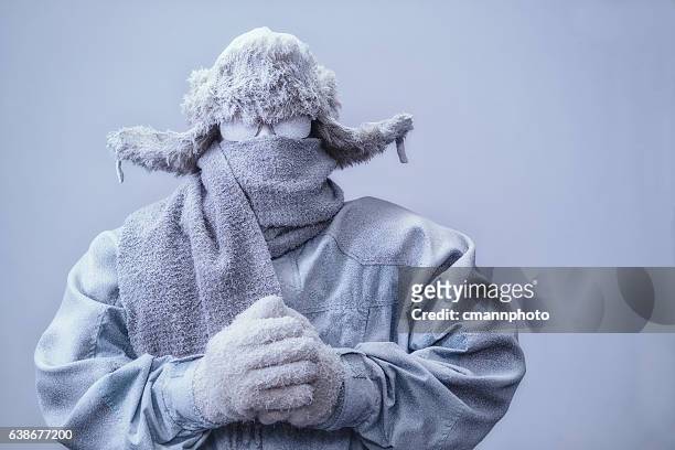 uomo in parka, cappello e sciarpa congelati dal freddo - freddo foto e immagini stock