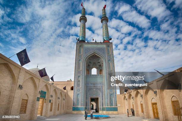 portal of jame (or friday) mosque at night, yazd, iran - yazd stockfoto's en -beelden