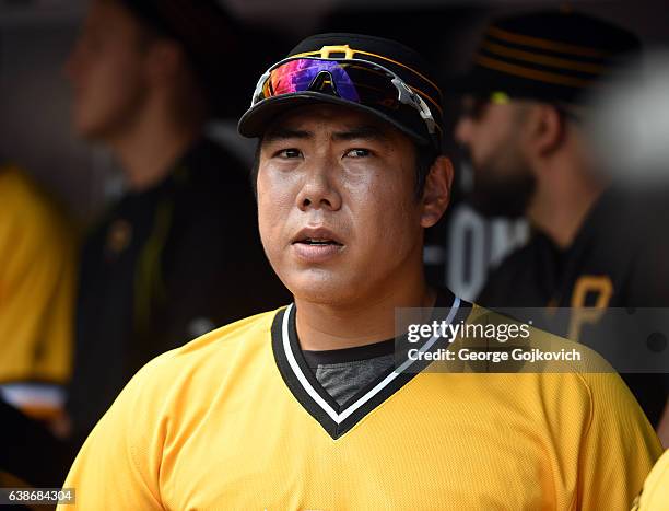 Jung Ho Kang of the Pittsburgh Pirates looks on from the dugout during a game against the Cincinnati Reds at PNC Park on August 7, 2016 in...