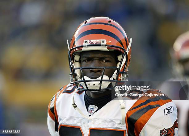 Wide receiver Chad Johnson of the Cincinnati Bengals looks on from the sideline during a game against the Pittsburgh Steelers at Heinz Field on...