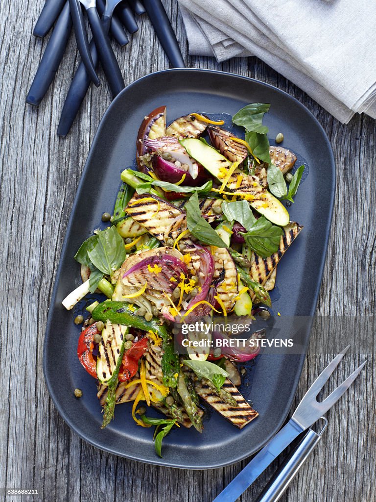 Overhead view of vegetable salad on barbecue griddle pan