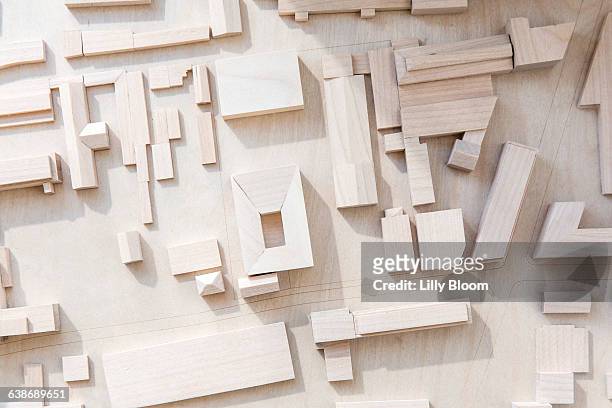 overhead view of wooden architectural model - architekturmodell stock-fotos und bilder