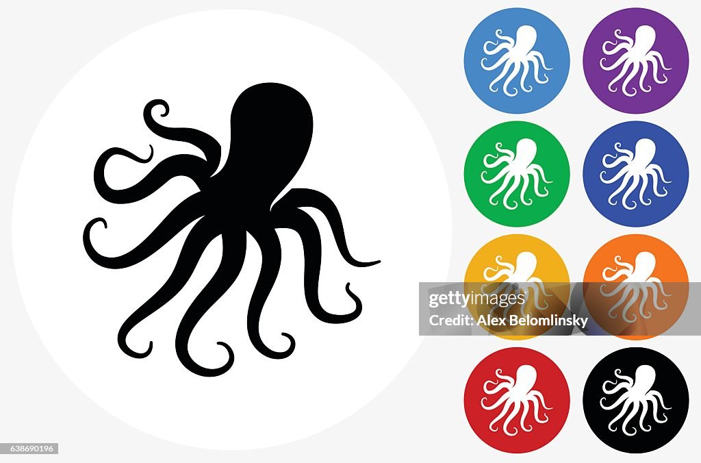 Octopus Icon on Flat Color Circle Buttons