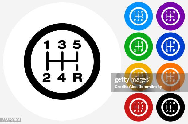 stick shift icon on flat color circle buttons - reverse stock illustrations