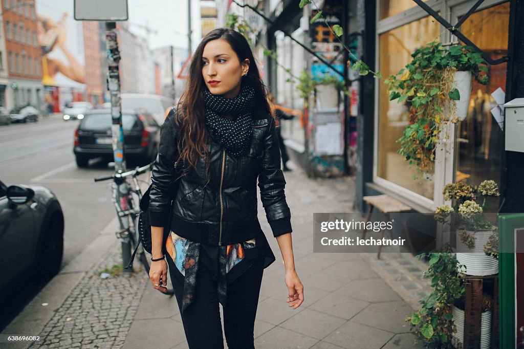 Portrait of a young woman walking in Berlin Schoeneberg district