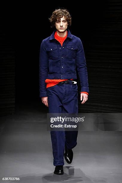 Model walks the runway at the Salvatore Ferragamo designed by Massimiliano Giornetti show during Milan Men's Fashion Week Fall/Winter 2017/18 on...