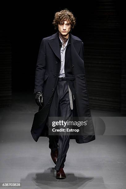 Model walks the runway at the Salvatore Ferragamo designed by Massimiliano Giornetti show during Milan Men's Fashion Week Fall/Winter 2017/18 on...