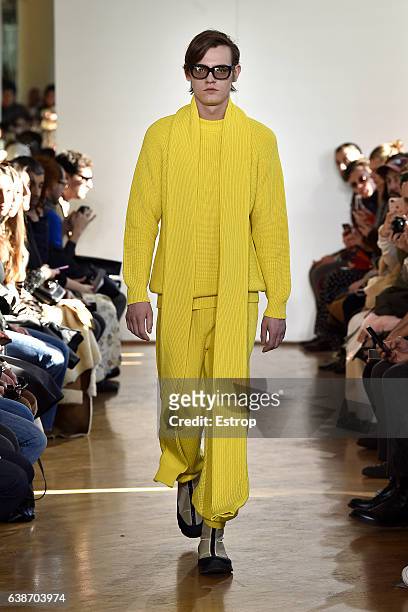 Model walks the runway at the Sunnei designed by Simone Rizzo & Loris Messina show during Milan Men's Fashion Week Fall/Winter 2017/18 on January 15,...
