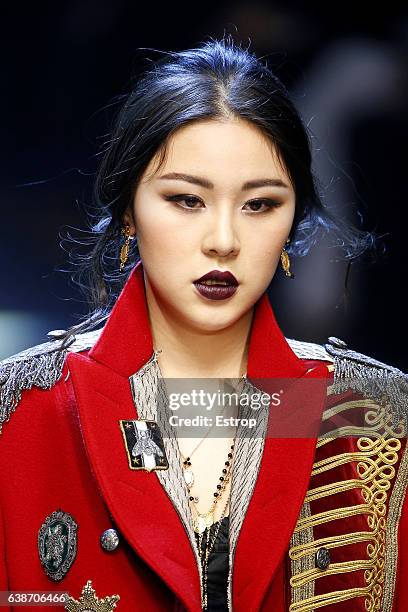 Hairstyle detail at the Dolce & Gabbana show during Milan Men's Fashion Week Fall/Winter 2017/18 on January 14, 2017 in Milan, Italy.