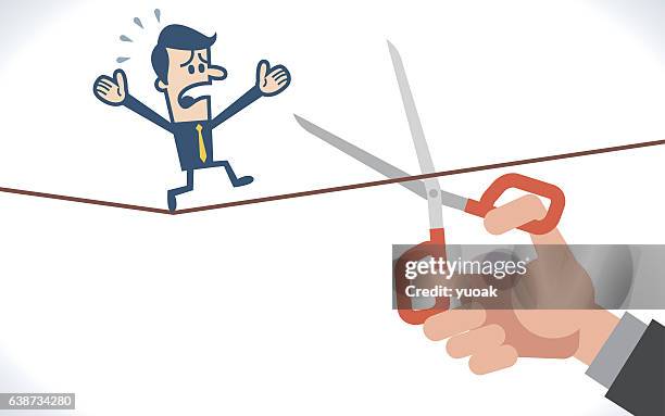scissors cutting a rope - cord cutting stock illustrations