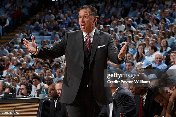 Head coach Mark Gottfried of the North Carolina State Wolfpack coaches against the North Carolina Tar Heels on January 08, 2017 at the Dean E. Smith...
