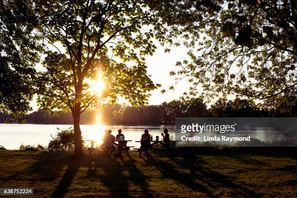 silhouette of several people sitting at a picnic table on the edge of the river at sunset - food table edge stock-fotos und bilder