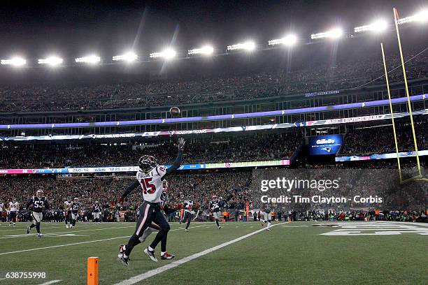 Wide receiver Will Fuller of the Houston Texans fails to pull in a touchdown pass in the end zone during the Houston Texans Vs New England Patriots...