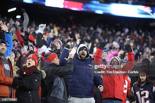 New England Patriots fans celebrate a touchdown during the Houston Texans Vs New England Patriots Divisional round game during the NFL play-offs on...