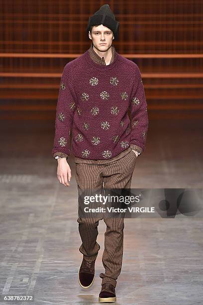 Model walks the runway at the Missoni show during Milan Men's Fashion Week Fall/Winter 2017/18 on January 15, 2017 in Milan, Italy.