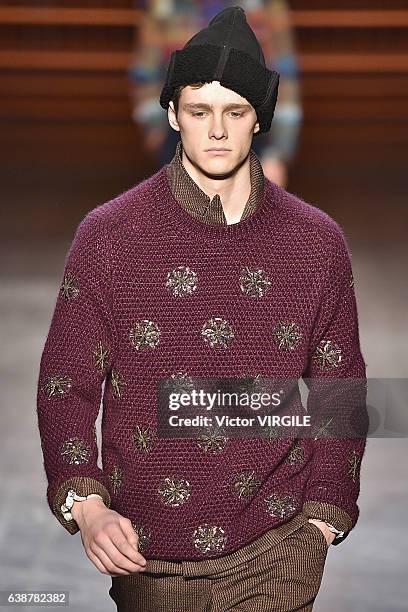 Model walks the runway at the Missoni show during Milan Men's Fashion Week Fall/Winter 2017/18 on January 15, 2017 in Milan, Italy.