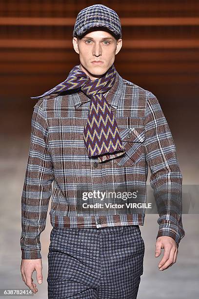 Model walks the runway at the Missoni show during Milan Men's Fashion Week Fall/Winter 2017/18 on January 15, 2017 in Milan, Italy.