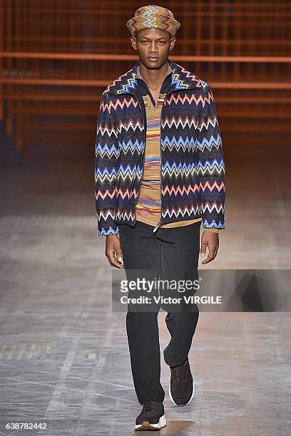 Model walks the runway at the Missoni show during Milan Men's Fashion Week Fall/Winter 2017/18 on January 15, 2017 in Milan, Italy.