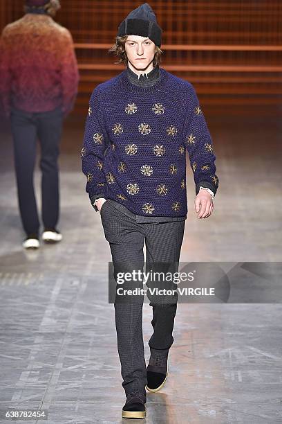 Model walks the runway at the Missoni show during Milan Men's Fashion Week Fall/Winter 2017/18 on January 15, 2017 in Milan, Italy.