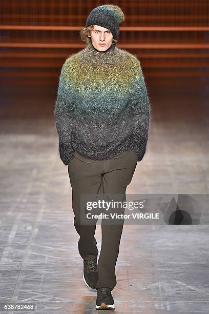 Model walks the runway at the Missoni show during Milan Men's Fashion Week Fall/Winter 2017/18 on January 15, 2017 in Milan, Italy.