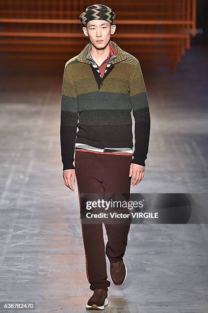 Model walks the runway at the Missoni show during Milan Men's Fashion Week Fall/Winter 2017/18 on January 15, 2017 in Milan, Italy.