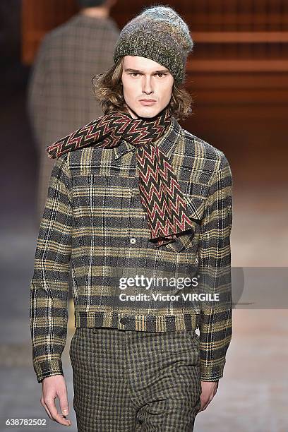 Model walks the runway at the Missoni show during Milan Men's Fashion Week Fall/Winter 2017/18 on January 15, 2017 in Milan, Italy.