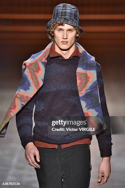 Model walks the runway at the Missoni show during Milan Men's Fashion Week Fall/Winter 2017/18 on January 15, 2017 in Milan, Italy.